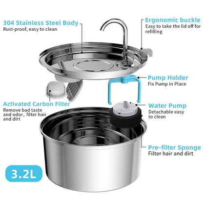 Stainless Steel Automatic Pet Water Feeder – USB Electric, Mute, Filtered Drinking Fountain for Cats and Dogs.